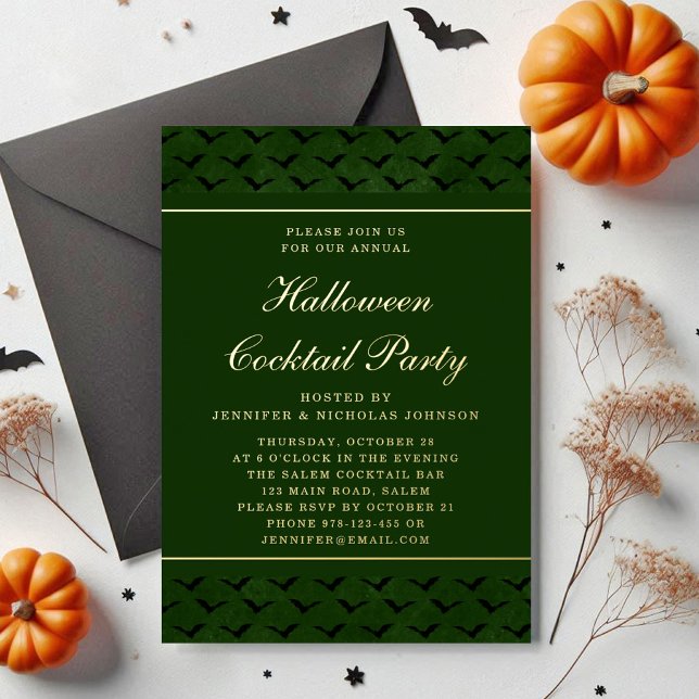 Elegant Green Bats Halloween Cocktail Party Gold (Elegant Green Bats Halloween Cocktail Party Gold Foil Invitation)