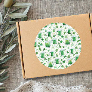Elegant Green Beer Mugs and Shamrocks White Classic Round Sticker