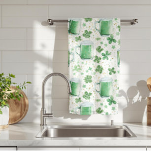 Elegant Green Beer Mugs and Shamrocks White Tea Towel