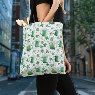 Elegant Green Beer Mugs and Shamrocks White Tote Bag