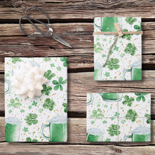 Elegant Green Beer Mugs and Shamrocks White Wrapping Paper Sheet