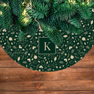Elegant Green & Beige Christmas Element Monogram Fleece Tree Skirt