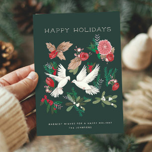 Elegant Green & Beige Dove Birds Floral Holiday Card