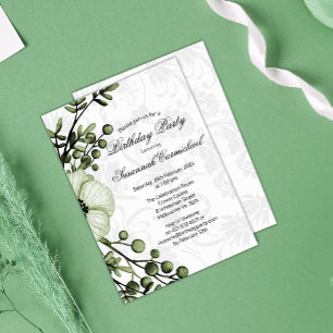 Elegant Green Berry Floral Wreath Damask Birthday Invitation