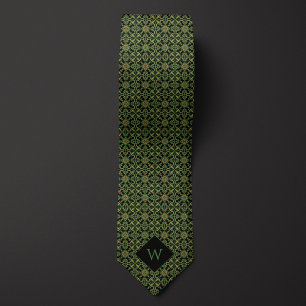 Elegant Green & Black Arabesque Monogram Tie