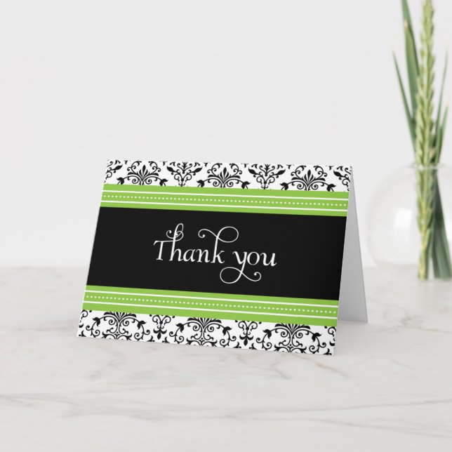 Elegant Green & Black Damask Thank You Card (Front)