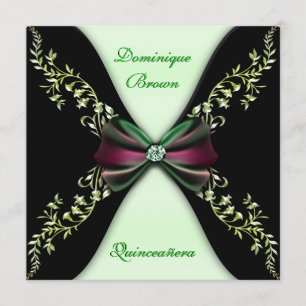 Elegant Green Black Diamond Bow Quinceanera Invitation