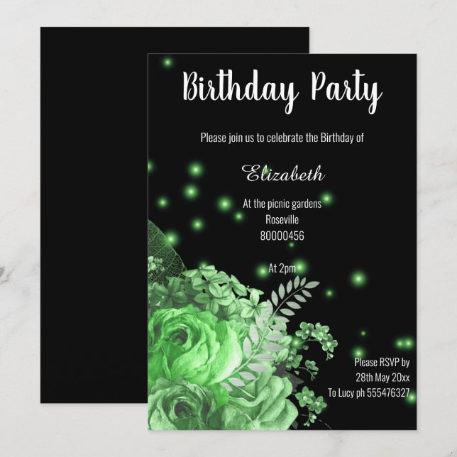 ELEGANT GREEN BLACK FLORAL BIRTHDAY INVITATION (Front/Back)