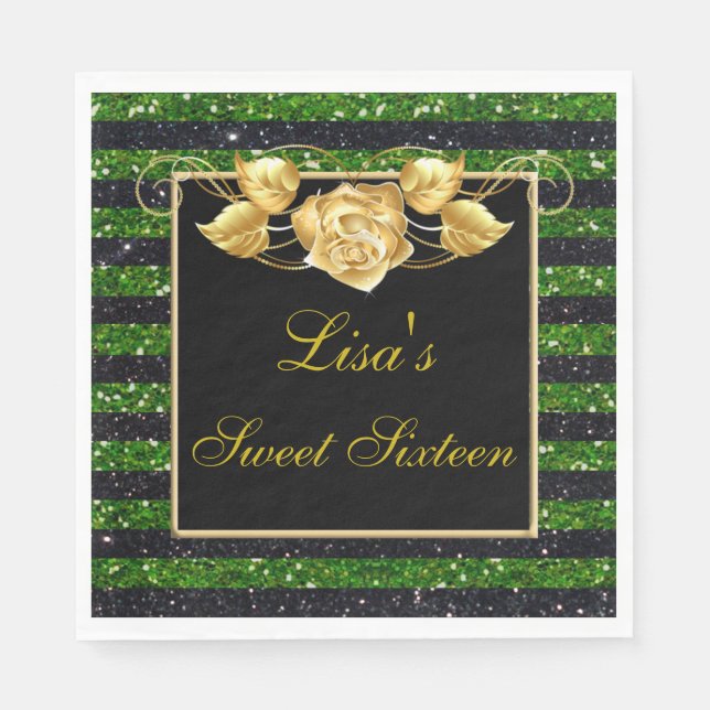 Elegant Green Black Glitter Gold Rose Sweet 16 Napkin (Front)