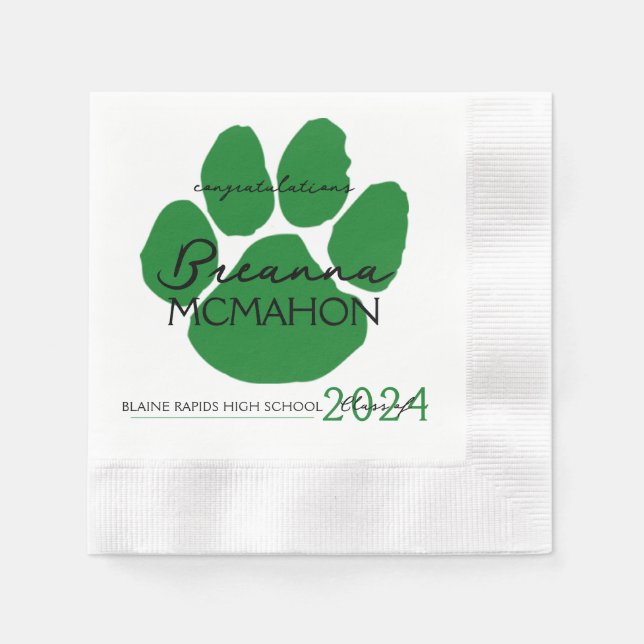 Elegant Green & Black Graduation Pawprint Paper Napkin (Front)