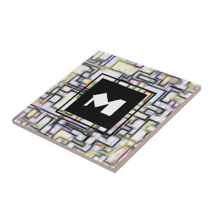 Elegant Green Black Modern Square Trendy Monogram Tile