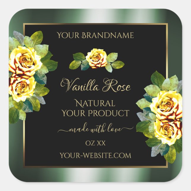 Elegant Green Black Product Labels Yellow Roses (Front)