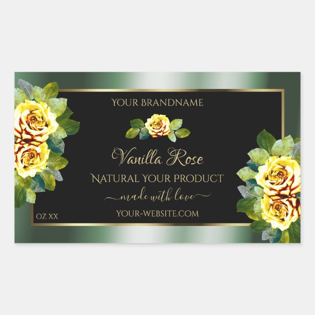 Elegant Green Black Product Labels Yellow Roses (Front)