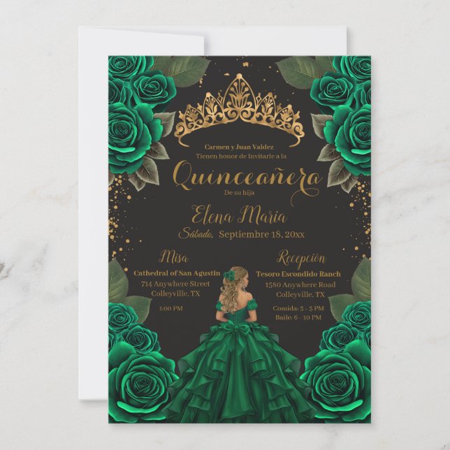 Elegant Green Black Quinceañera Roses Gold Glitter Invitation (Front)