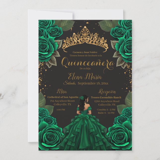 Elegant Green Black Quinceañera Roses Gold Glitter Invitation (Front)