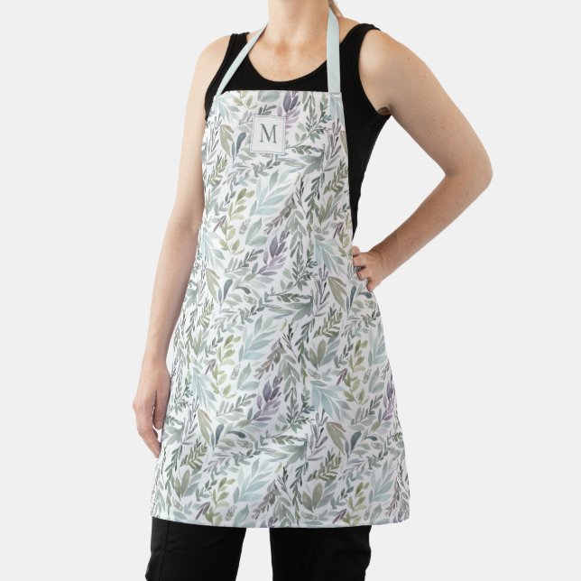 Elegant Green Blue Botanical Watercolor Apron (Insitu)