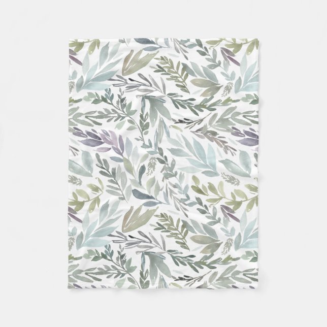 Elegant Green Blue Botanical Watercolor Fleece Blanket (Front)
