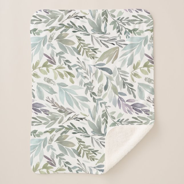 Elegant Green Blue Botanical Watercolor Sherpa Blanket (Front)
