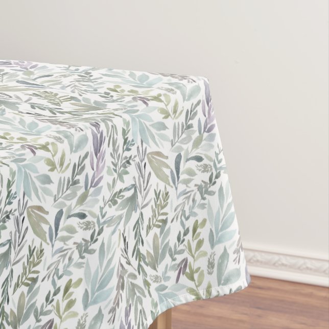 Elegant Green Blue Botanical Watercolor Tablecloth (In Situ)