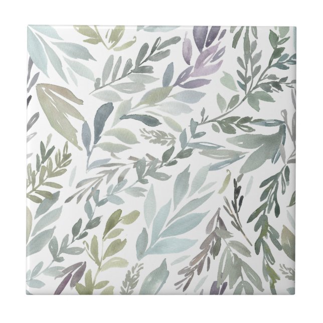 Elegant Green Blue Botanical Watercolor Tile (Front)