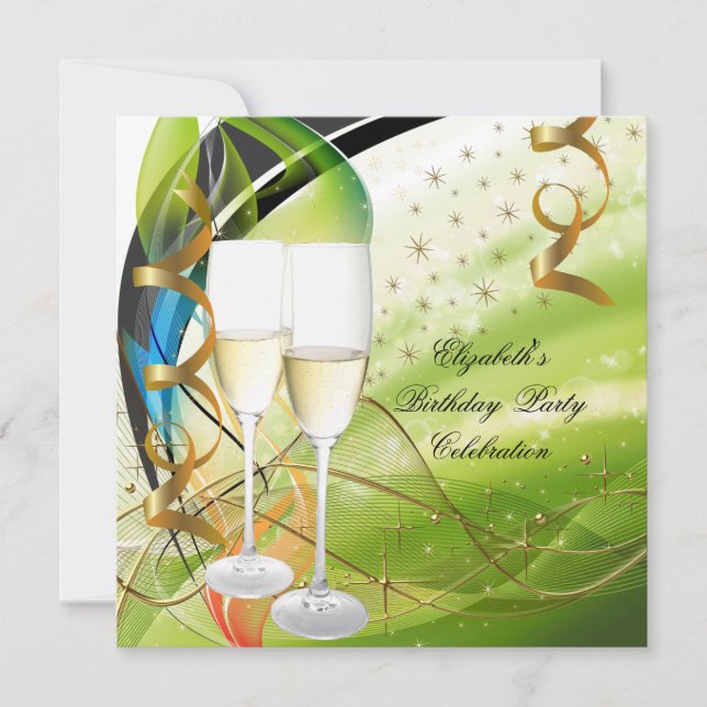 Elegant Green Blue Gold Birthday Party Champagne Invitation (Front)