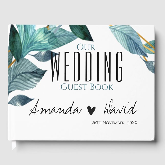 Elegant Green Blue Leaves Modern Wedding Guest Book (Front)