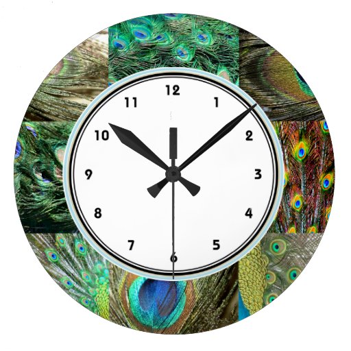 Image of Elegant Green & Blue Peacock feather pattern Large Clock