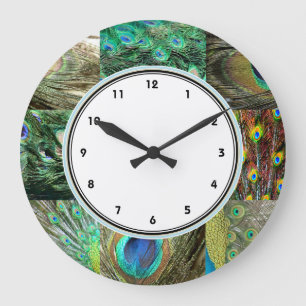 Elegant Green & Blue Peacock feather pattern Large Clock