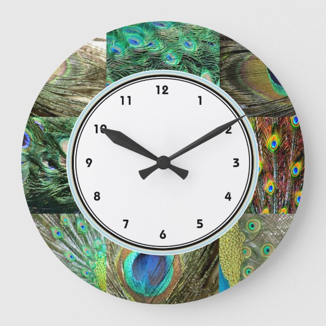 Elegant Green & Blue Peacock feather pattern Large Clock (Front)