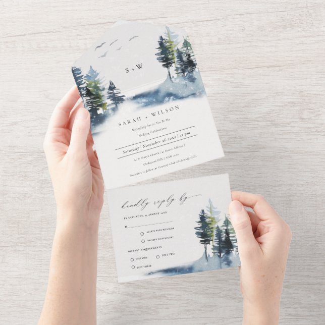 Elegant Green Blue Pine Woods Forest Birds Wedding All In One Invitation (Tearaway)
