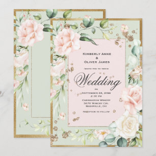 Elegant Green Blush Floral Wedding Invitation