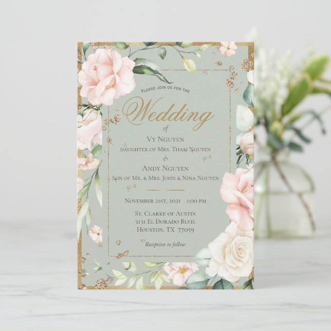 Elegant Green Blush Pink Watercolor Floral Wedding Invitation (Standing Front)