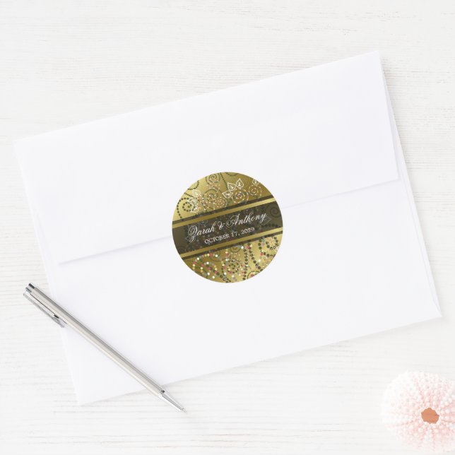 Elegant Green Boho Dot Spirals Gold Ethnic Wedding Classic Round Sticker (Envelope)