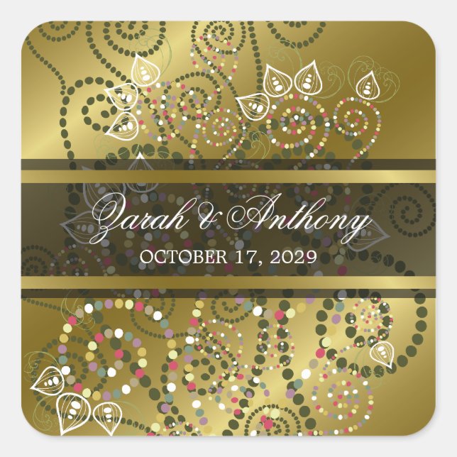 Elegant Green Boho Dot Spirals Gold Ethnic Wedding Square Sticker (Front)
