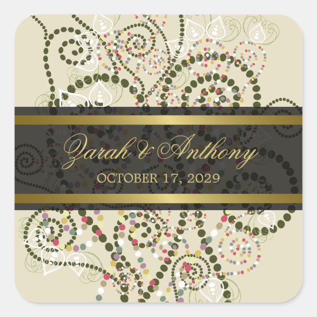 Elegant Green Boho Spirals Classy Wedding Stickers (Front)
