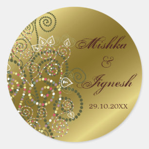 Elegant Green Boho Spirals Gold Wedding Stickers