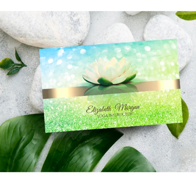 Elegant Green Bokeh Gold, Lotus Flower Yoga  Business Card (Creator Uploaded)