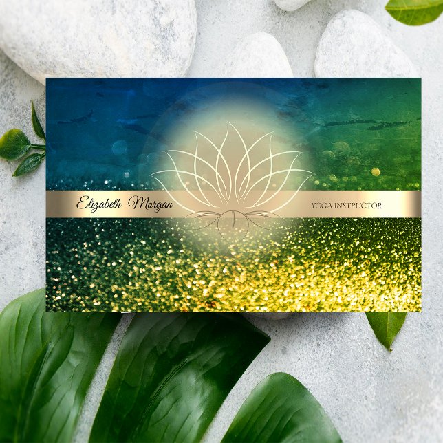 Elegant Green Bokeh Gold, Lotus  Yoga Instructor Business Card (Creator Uploaded)