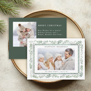 Elegant Green Botanical 2 Photo Christmas Holiday Card