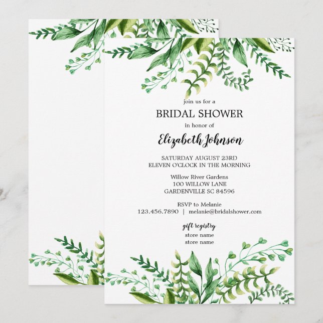Elegant Green Botanical Bridal Shower Invitation (Front/Back)