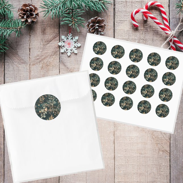 Elegant Green Botanical Christmas Classic Round Sticker (These elegant stickers will add sophistication to your christmas mail!)