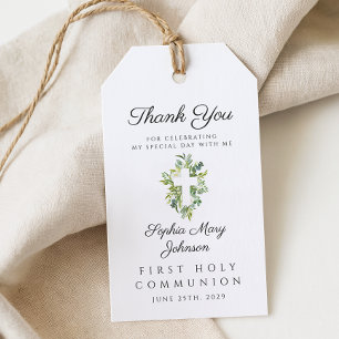 Elegant Green Botanical Cross First Communion Gift Tags