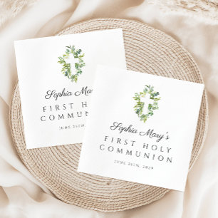 Elegant Green Botanical Cross First Communion Napkin