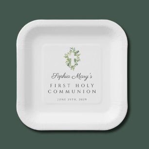 Elegant Green Botanical Cross First Communion Paper Plate