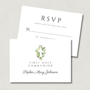 Elegant Green Botanical Cross First Communion RSVP Card