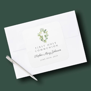 Elegant Green Botanical Cross First Communion Square Sticker