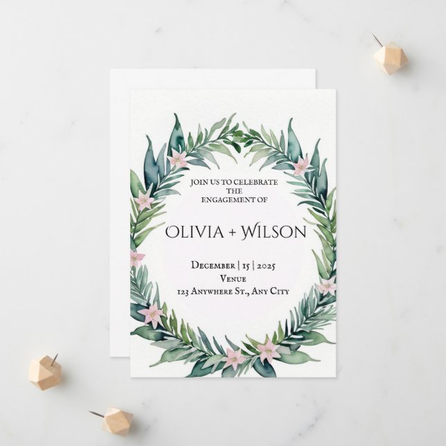 Elegant Green Botanical Engagement Invitation (Front/Back In Situ)