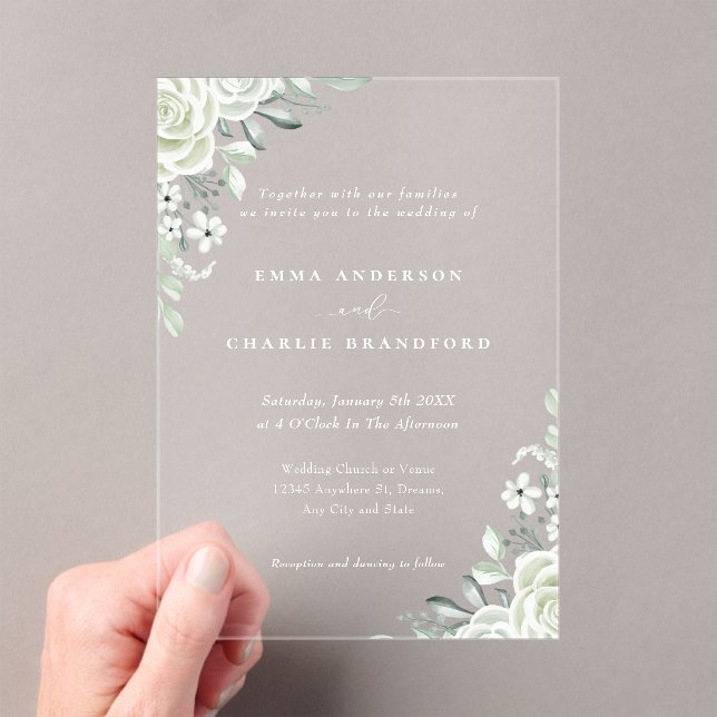 Elegant green Botanical flowers Script Wedding Acrylic Invitations (Insitu (Handheld))