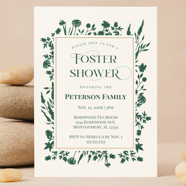Elegant Green Botanical Foster Care Shower Invitation (Forest Green botanical wildflower foster care baby shower invitation customizable Registry QR code )