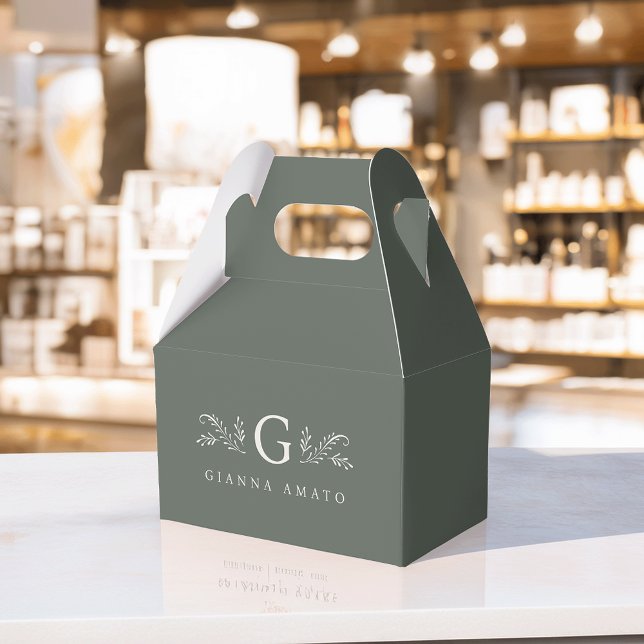 Elegant Green Botanical Monogram & Business Name Favour Box (Creator Uploaded)